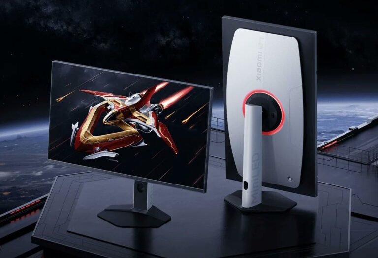 Xiaomi Mini LED G Pro 27Qi (2026) gaming monitor: front view shows vivid mecha-themed gameplay on 27-inch 2K 180Hz Fast IPS display; rear view features sleek white chassis with red accent lighting, "Xiaomi" and "Mini LED" branding, paired with minimalist stand. Boasts 2000nits brightness, 1152 local dimming zones, HDR1000 support, and versatile connectivity.