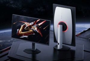 Xiaomi Mini LED G Pro 27Qi (2026) gaming monitor: front view shows vivid mecha-themed gameplay on 27-inch 2K 180Hz Fast IPS display; rear view features sleek white chassis with red accent lighting, "Xiaomi" and "Mini LED" branding, paired with minimalist stand. Boasts 2000nits brightness, 1152 local dimming zones, HDR1000 support, and versatile connectivity.
