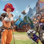 Horizon Hunters Gathering game engine footage. Two fantasy characters—one with pink hair and bow, one armored with mechanical weapon—in vibrant open-world village with rocky cliffs, tents, and mountains. Action/adventure game.