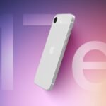 Rear view render of a white iPhone with a single camera, flat edges, and Apple logo, shown at an angle against a colorful gradient background with a large “17e” text behind it.