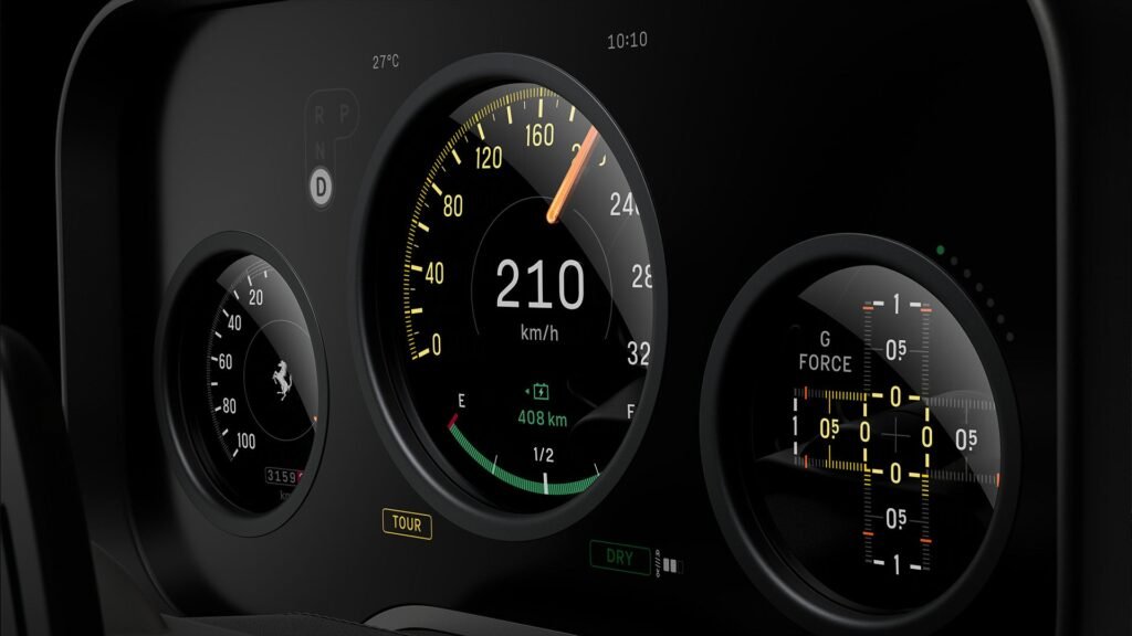 Close-up of Ferrari Luce’s digital instrument cluster: Three circular displays include a main speedometer (210 km/h, 408 km remaining range), a left gauge for auxiliary data, and a right G-force meter. Labels for 'TOUR' mode and 'DRY' driving condition are visible, with sleek black and yellow-accented graphics.