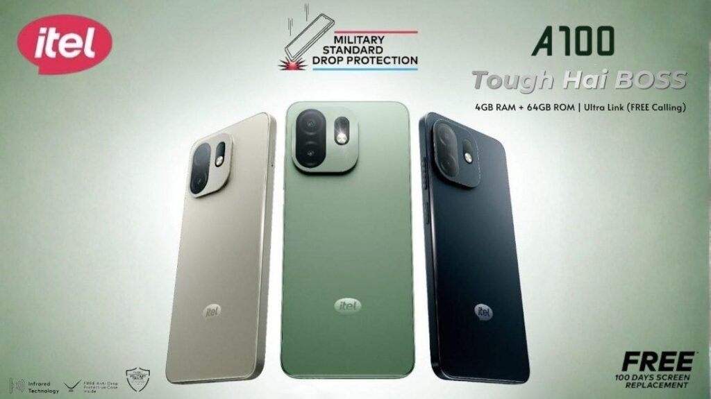 Three itel A100 smartphones (Titanium Gold, Silk Green, Pure Black) shown from the back. Features highlighted: Military Standard Drop Protection, 4GB/64GB, Ultra Link free calling, 100-day free screen replacement.