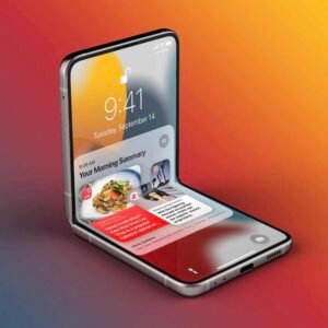 A prototype foldable iphone showing the front oled panel.