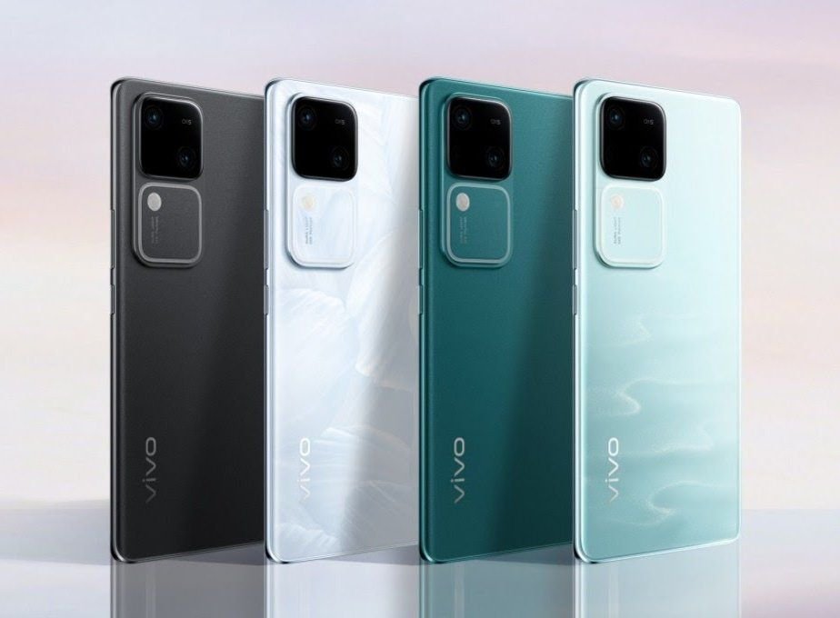 Four Vivo V30 5G smartphones in dark grey, white, green, and light blue colors, standing upright side by side on a gradient background.
