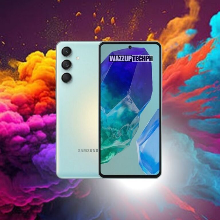 Samsung Galaxy M55 is now official Sam Galaxy M55 showing triple camera set-up and stunning amoled display with colorful background.