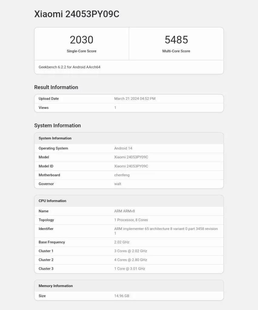 Snapdragon 8s Gen 3: Performance Benchmarks, Antutu, Geekbench, and Specifications 2 Snapdragon 8s Gen 3 Geekbench Score