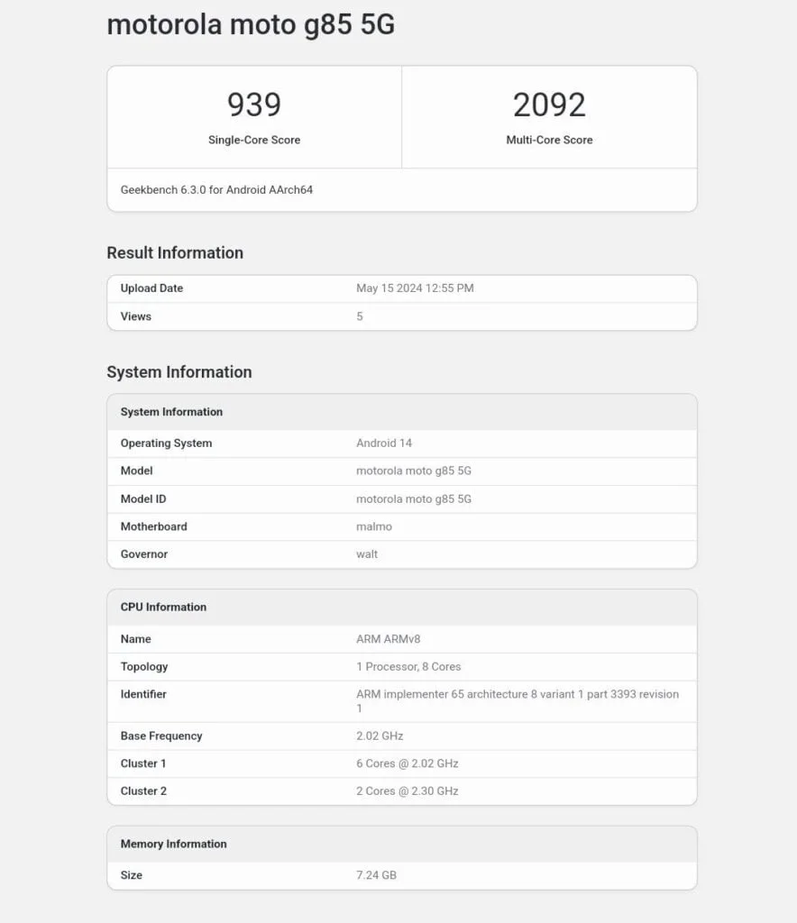 Snapdragon 4 Gen 3 is rumored to power the Motorola G85 2 geekbench score of motorola g85 5g
