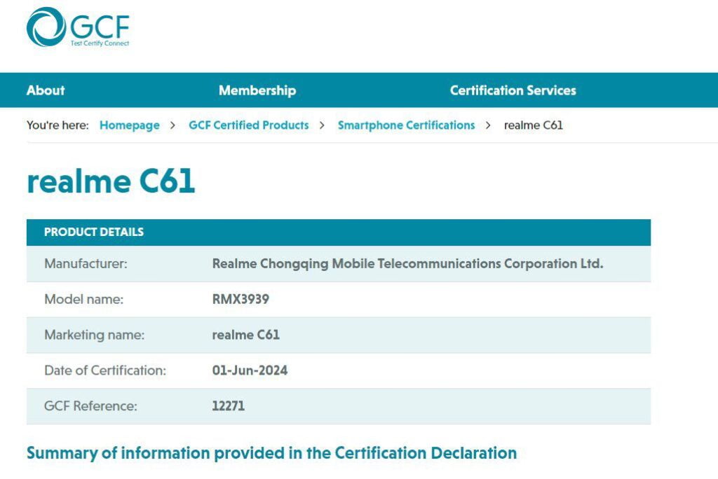 Realme C61 Gcf Certifications