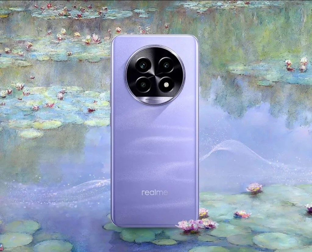 Realme 13 Pro Launch Date: July 30th, 2024, Bringing AI-Powered HyperImage+ Camera System 3 a phone realme 13 pro with circular camera module in monet purple color and oscar-calude monet painting in the bacground.
