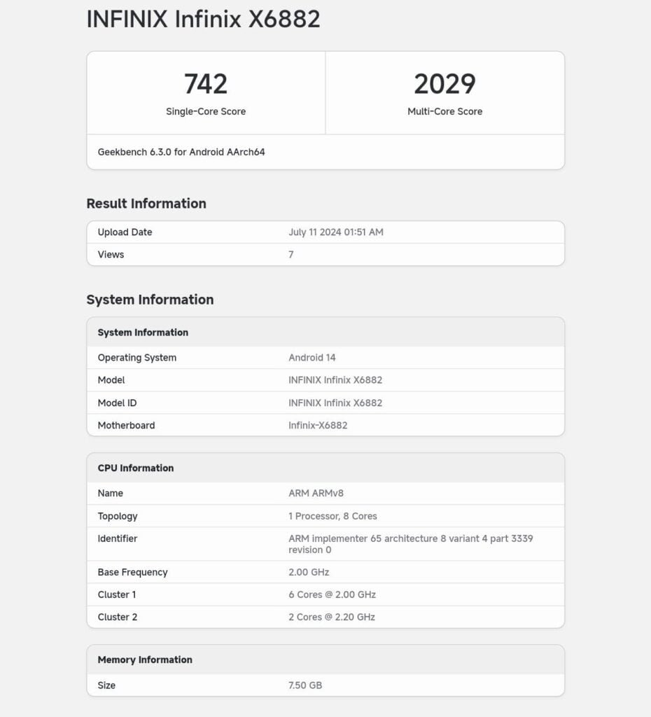 Infinix Hot 50 Spotted on Several Certifications 4 a geekbench score of infinix hot 50 indicating the sigle core and multicore