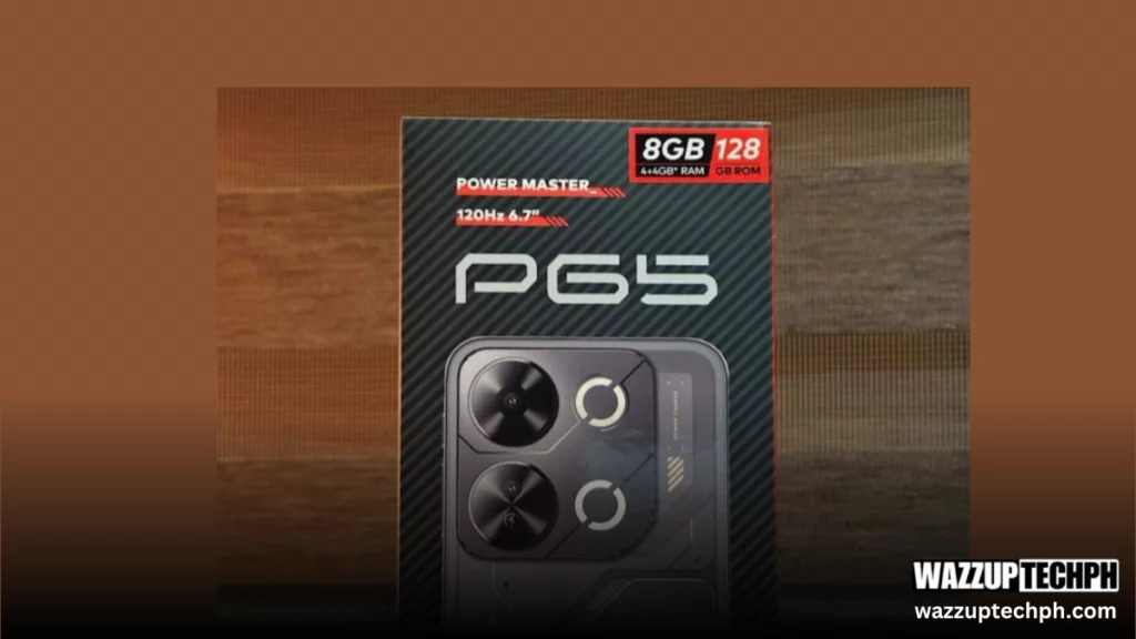 a smartphone box indicating the name itel P65 with phone image with two camera