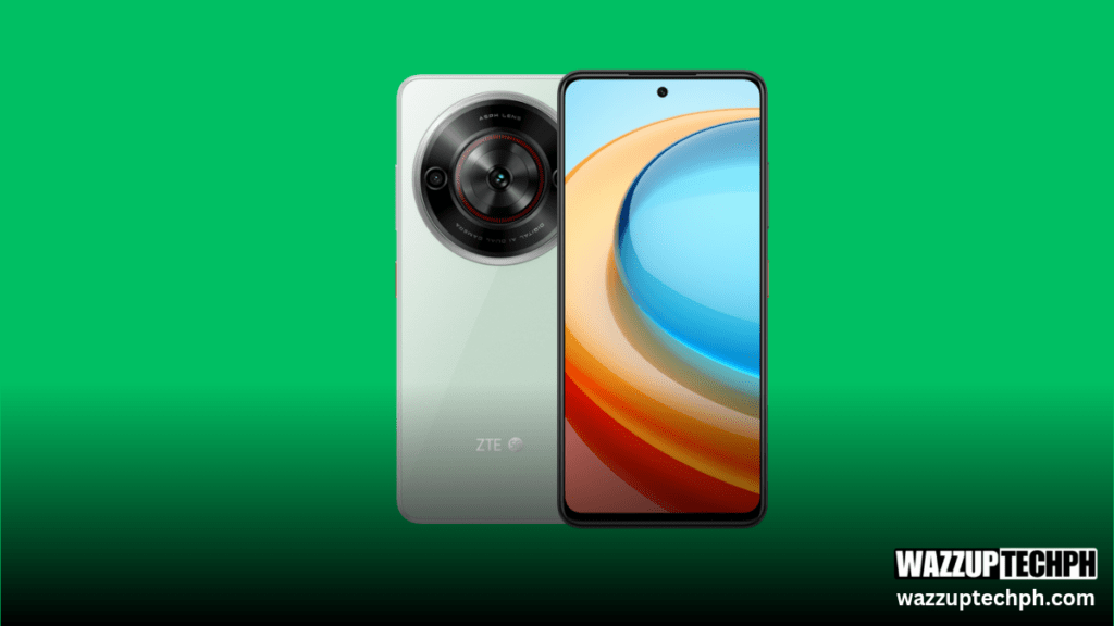 a phone showing the front and back panel with circular camera module in a green background color