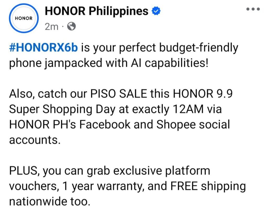 honor's post on facebook page about the piso sale of honor x6b
