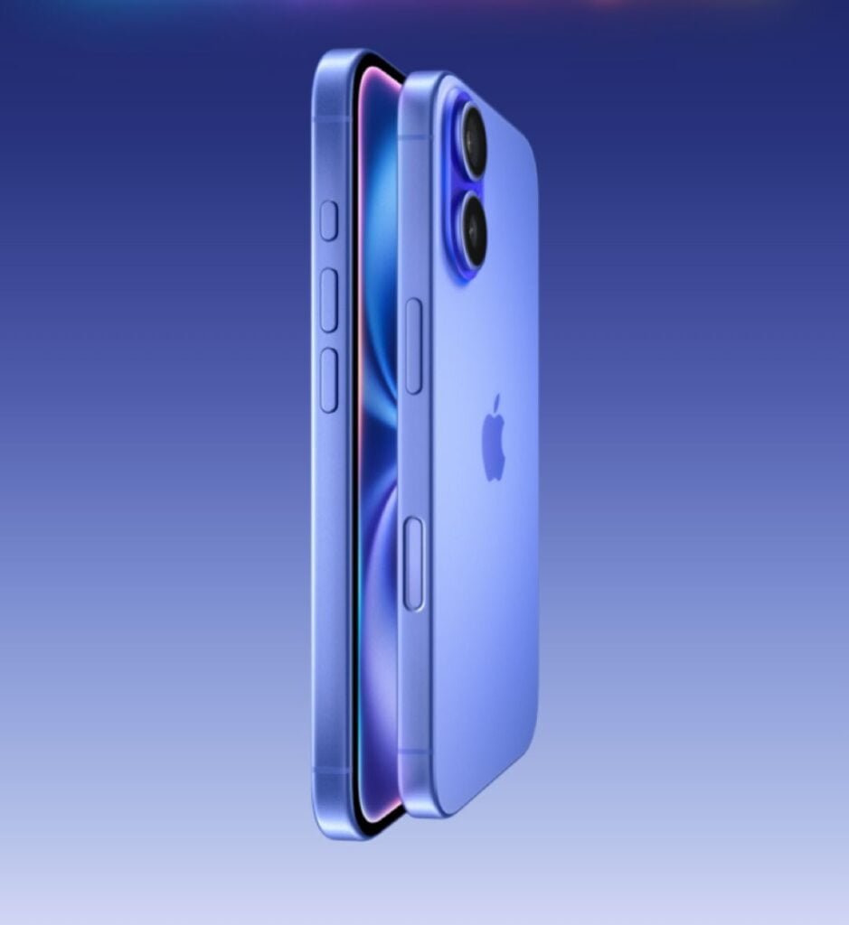 a two smartphone iphone 16 and iphone 16 plus model with vertical camera in color blue variant