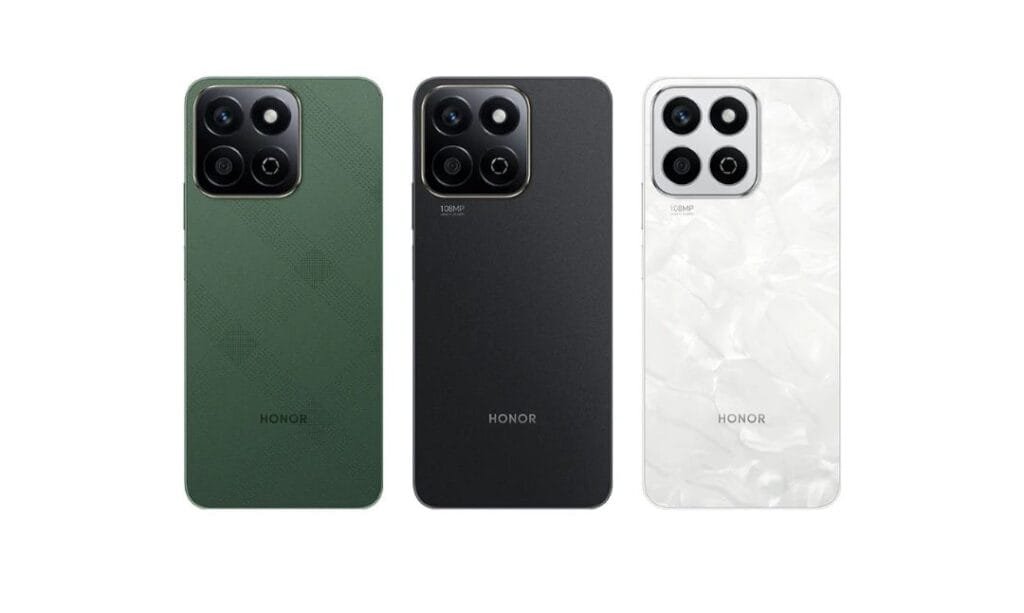 a three colors of smartphone honor x7c features a rectangular camera setup.