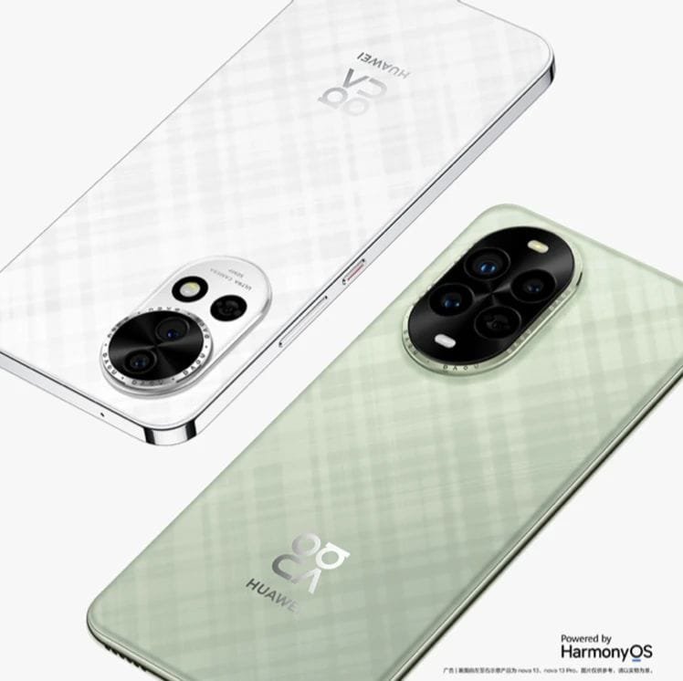 a two smartphone huawei nova 13 series with whit and green and oblong camera island