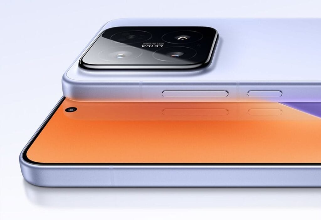 a fisplay and back camera of a smartphone xiaomi 15 with orange wallpaper and rectangular camera bumps.