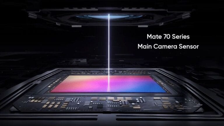 Huawei Mate 70 Series Rumored to Use Upgraded Sony Camera Sensor A stylized close-up image of a circuit board, showcasing the main camera sensor of the Huawei Mate 70 series. A beam of light shines down onto the sensor, which is a rectangular component with a vibrant gradient color pattern. The text 'Mate 70 Series Main Camera Sensor' is displayed above the circuit board.
