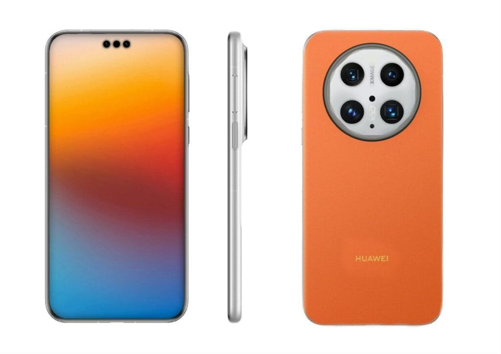 Three views of a Huawei Mate 70 series phone, showcasing its design. The first view shows the front of the phone with a gradient screen from orange to blue. The second view shows the side profile of the phone, highlighting its slim design. The third view displays the back of the phone, featuring a circular camera module with multiple lenses and an orange leather case with the Huawei logo.