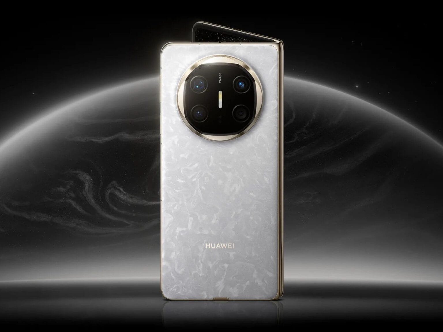 Huawei Mate X6 Foldable Smartphone: Kirin 9020, 50MP OIS Camera, and 5110mAh Battery Huawei Mate X6 foldable phone, white color variant, partially unfolded, against a dark space background.
