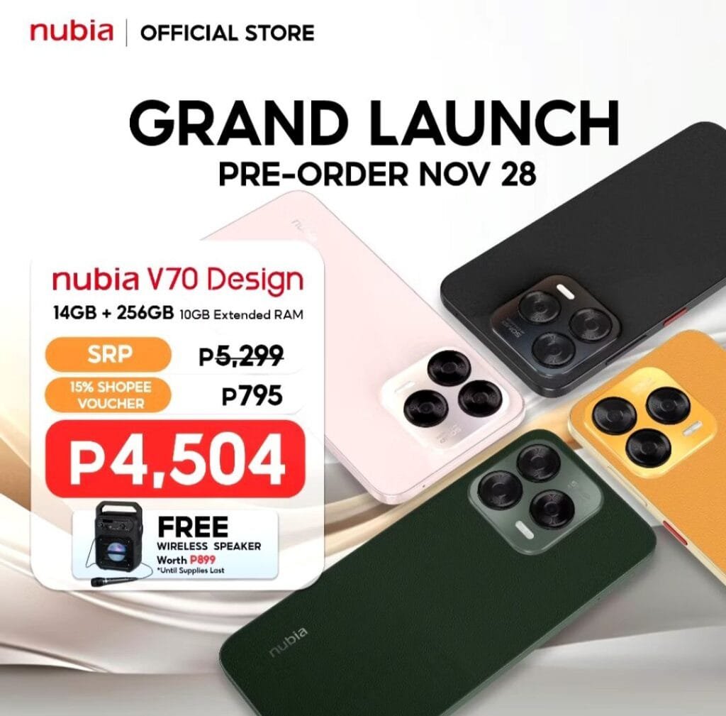 A promotional image for the ZTE Nubia V70 smartphone. The image showcases the phone in four different colors (pink, orange, green, and black) arranged on a light background. Text overlays highlight the phone's specifications (14GB RAM + 256GB storage, 10GB extended RAM), pre-order date (November 28th), suggested retail price (P5,299), and a promotional price (P4,504) including a free wireless speaker. The Nubia logo is prominently displayed.