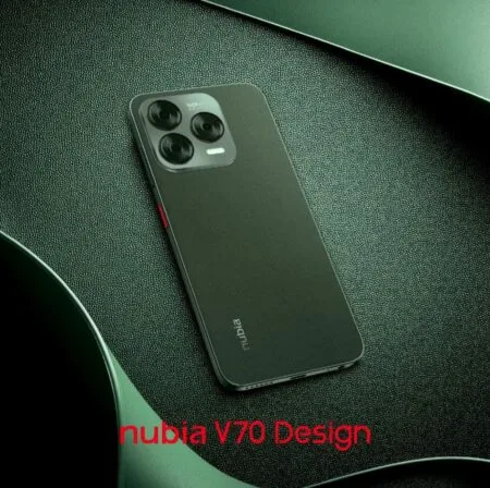 ZTE Nubia V70 Arrives in PH: Unisoc T606, 50MP Camera, 5000mAh Battery w/ 22.5W Fast Charge A close-up product shot of the dark green ZTE Nubia V70 smartphone resting on a dark green textured surface. The phone's back is visible, showcasing its camera module and the "nubia" logo subtly embossed near the bottom. The text "Nubia V70 Design" is overlaid at the bottom of the image.