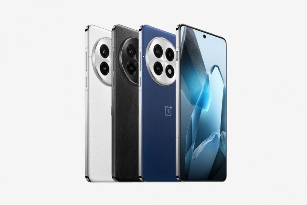 a four smartphone with punch-hole camera at the front and circular camera island at the back panel