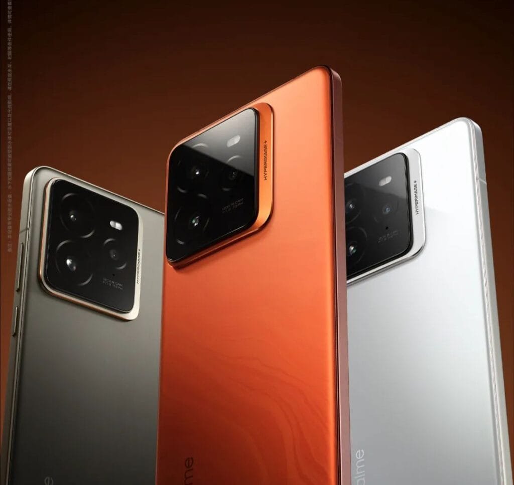 a three same smartphone realme gt 7 pro showing the back panel with different colors, orange, white, and black.