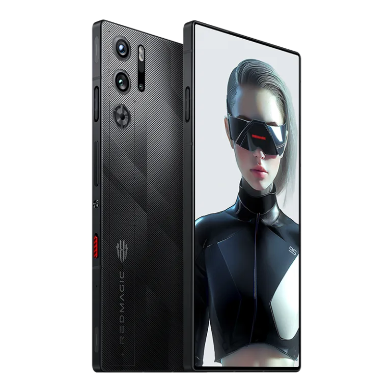ZTE RedMagic 10 Pro Series Officially Launched in China A close-up product shot of the ZTE RedMagic 10 Pro smartphone. The phone is shown from two angles, highlighting its sleek black design with a textured back and a vibrant display showing a futuristic female character. The RedMagic logo is visible on the back of the phone.