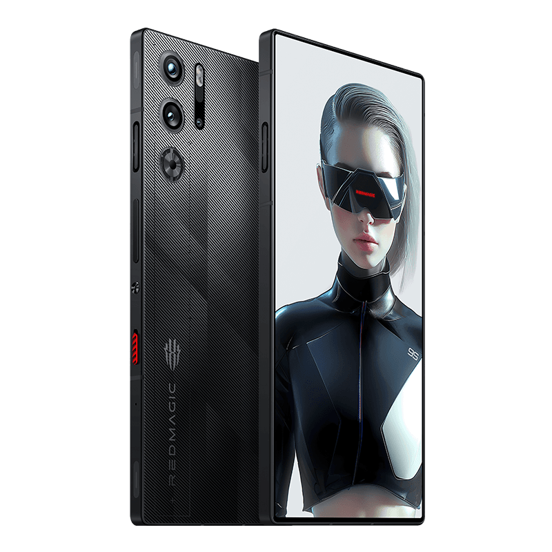 ZTE RedMagic 10 Pro Series Officially Launched in China A close-up product shot of the ZTE RedMagic 10 Pro smartphone. The phone is shown from two angles, highlighting its sleek black design with a textured back and a vibrant display showing a futuristic female character. The RedMagic logo is visible on the back of the phone.