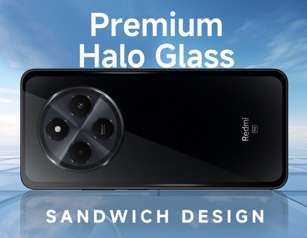 Redmi A4 5G Scheduled to Launch in India on November 20, 2024 3 a smartphone redmi a4 5g showing the back panel with circular camera. at the top is indicating the premium halo glass and below is labeled with sandwich design.