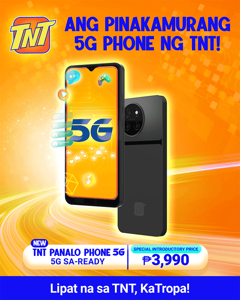 TNT Panalo 5G Smartphone: Unisoc T765, 6.51-inch IPS LCD, 13MP Camera, and 4,000mAh Battery 1 A promotional image for the new TNT Panalo 5G smartphone. The phone, shown in black, is prominently featured against a vibrant orange and yellow background. Text emphasizes the phone's affordability (₱3,990) and its 5G capabilities. The TNT logo is also displayed.