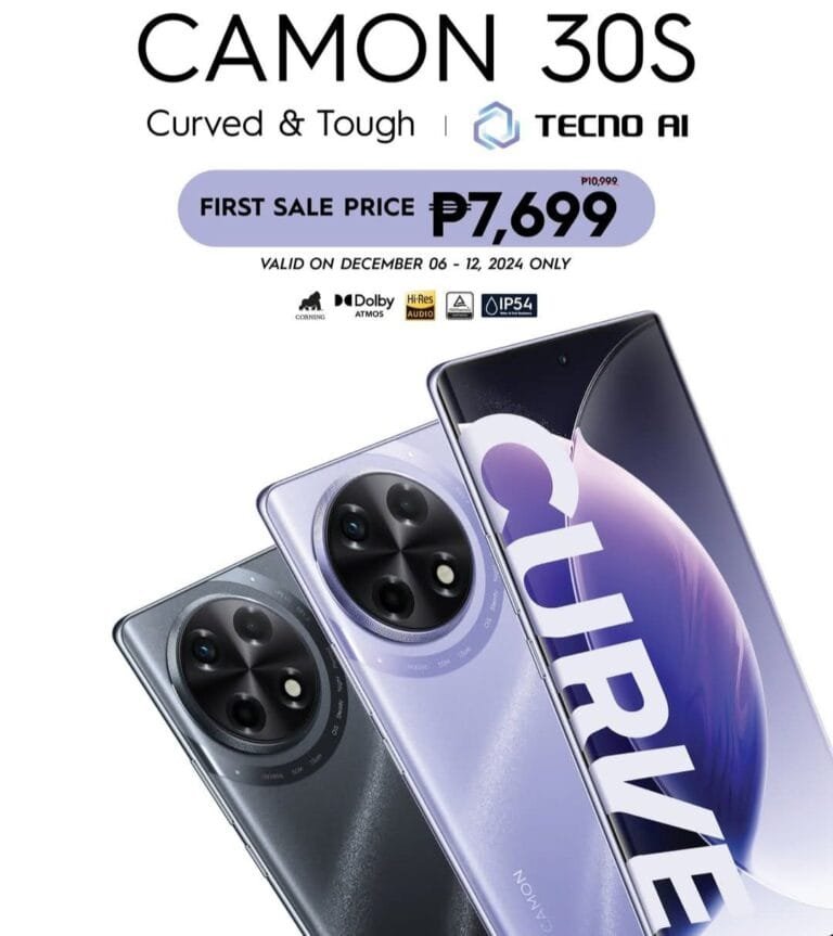 Tecno Camon 30s Features and Specs: Now Available in the Philippines Advertisement for the Tecno Camon 30s features, highlighting its curved and tough design. The phone is shown in two colors, purple and gray, showcasing its triple-lens camera system. Key features include Corning Gorilla Glass, Dolby Atmos, Hi-Res Audio, and IP54 water resistance. A special first sale price of ₱7,699 is advertised, valid from December 6th to 12th, 2024.