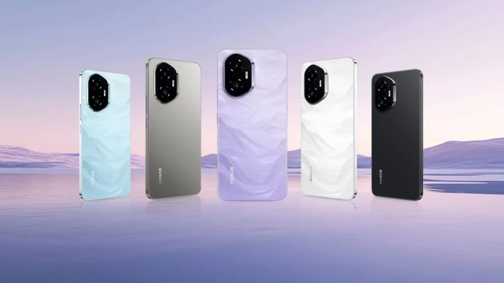 Honor 300 Ultra Launched with Under-Clocked Snapdragon 8 Gen 3, 50MP Camera, and 100W Charging 1 Five Honor 300 Ultra smartphones are displayed against a serene landscape backdrop. Each phone showcases a different color: light blue, silver, light purple, white, and black. The phones are positioned slightly apart, reflecting on a calm body of water in the foreground. The background features a soft, purplish-pink sky and gently rolling hills.