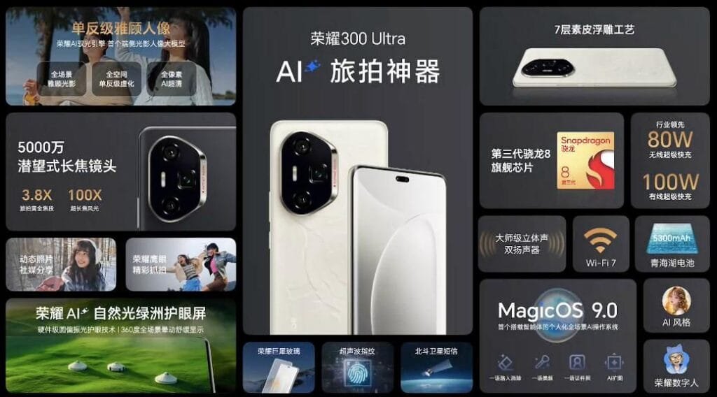 A promotional image for the Honor 300 Ultra smartphone. The collage-style image highlights various features and specifications, including a 50MP periscope telephoto camera with 100x zoom, a Snapdragon 8 Gen 3 processor, 100W wired and 80W wireless charging, a 5300mAh battery, MagicOS 9.0, and Wi-Fi 7 connectivity. The phone is shown in white and other images illustrate its camera capabilities and user interface.