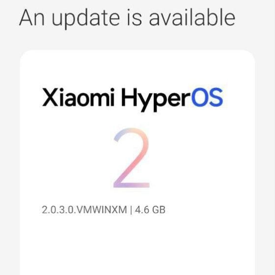 Screenshot of a Xiaomi HyperOS 2 update notification, showing version 2.0.3.0.VMWINXM and a size of 4.6 GB.