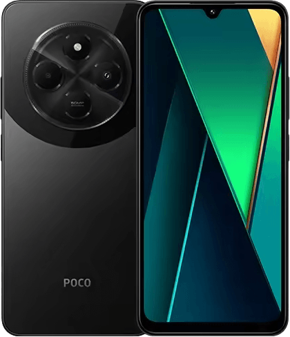 Poco C75 Full Specifications A Poco C55 smartphone in black. The image shows both the front and back of the phone. The back features a circular camera module. The front displays a dark teal and green geometric pattern on the screen.