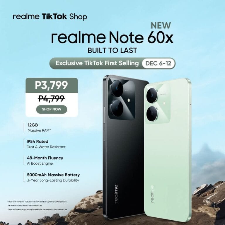 Advertisement for the Realme Note 60x features, highlighting its key features: Armorshell protection, IP54 dust and water resistance, 12GB of RAM, a 5000mAh battery, 48-month AI fluency, and a 3-year long-lasting durability. The phone is shown in black and light green, with pricing of PHP 3,799 and PHP 4,799 displayed. The ad mentions an exclusive TikTok first selling period from December 6-12.