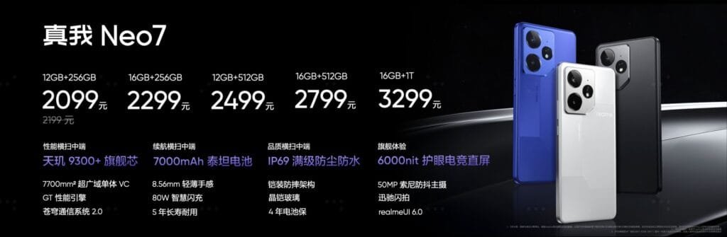 Realme Neo 7 promotional image showing the phone in blue and silver, highlighting pricing and key specifications in Chinese.