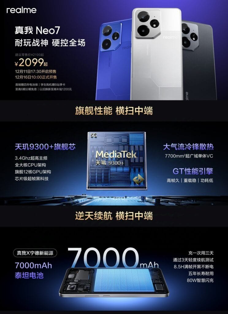 A promotional image for the Realme Neo 7 phone, showing the phone itself, its processor, and its battery. Text is in Chinese.