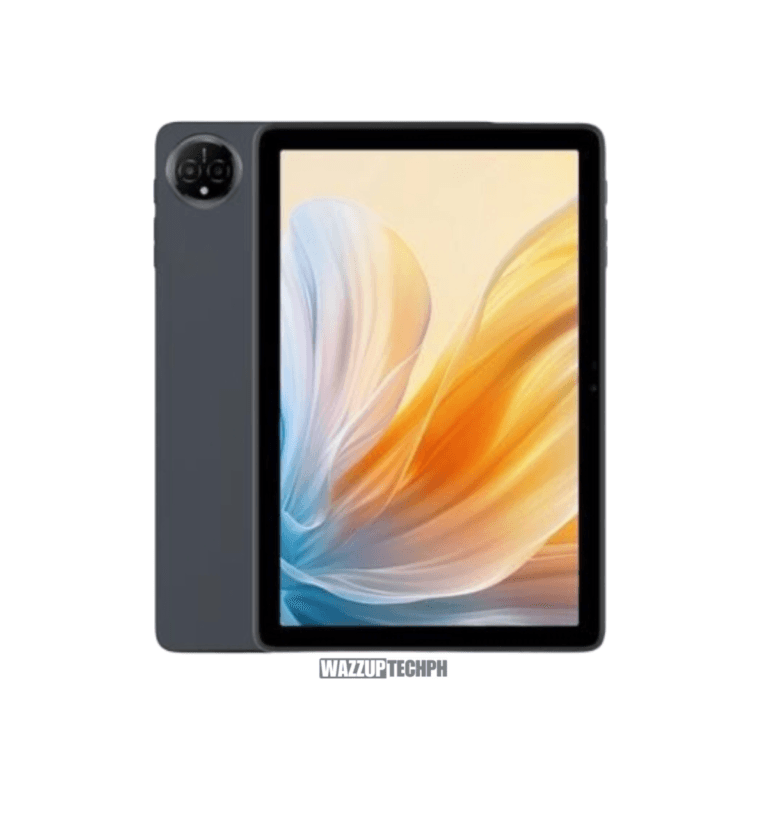 A dark gray TechLife Pad Neo tablet is shown in a product shot. The tablet is displayed vertically with its screen showing an abstract image of flowing, colorful fabric. The tablet's back is also visible, showcasing a circular camera module.