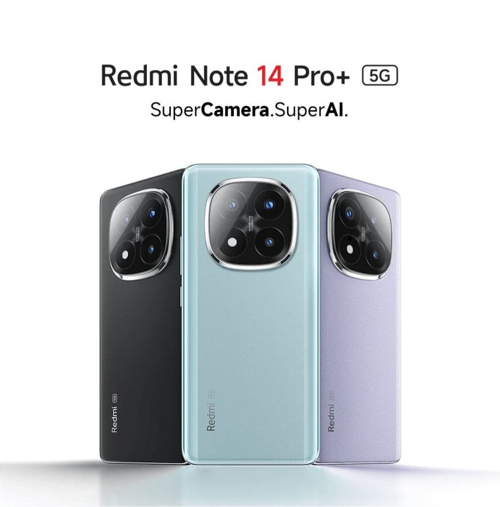 Three Xiaomi Redmi Note 14 Pro plus 5G smartphones are shown from a slightly elevated angle. Each phone features a large circular camera module on the back and is shown in a different color: black, light blue, and a light purple. The text "Redmi Note 14 Pro+" and "SuperCamera.SuperAI." is visible above the phones.