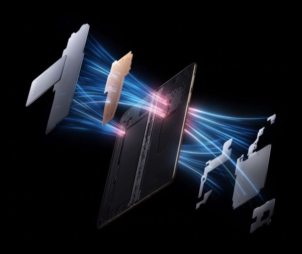 Huawei Mate X6 Price in the Philippines, Specs, and Features 4 Abstract artistic representation of the assembly process of the Huawei Mate X6 smartphone's internal components cooling system. Individual parts, including what appears to be the processor, RAM, and other circuit boards, are shown connecting via glowing energy streams against a black background.