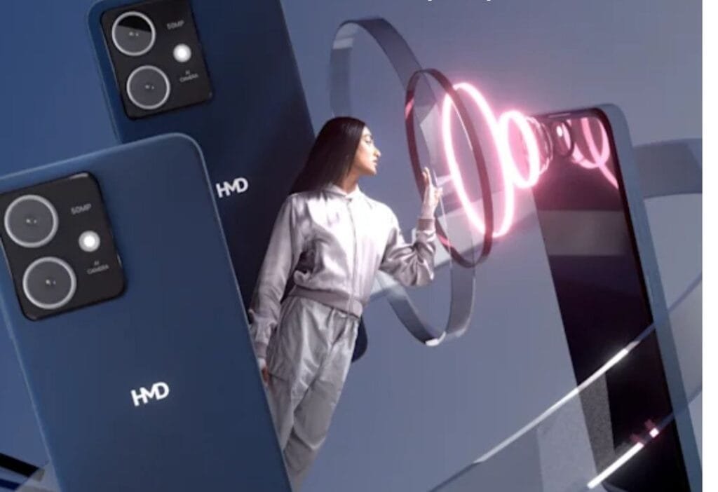 HMD Crest 5G Arrives in the Philippines with Unisoc T760 5G Processor 3 Promotional image for the HMD Crest 5G smartphone. A woman in a light grey outfit reaches towards an abstract, glowing pink design element that visually represents the phone's camera or connectivity. Two HMD Crest 5G phones are prominently displayed in the foreground.