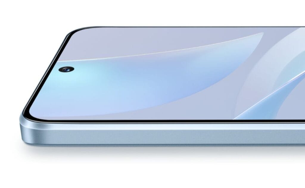 Close-up side profile of a light blue Huawei Nova 13i smartphone. The image highlights the phone's slim profile and the front-facing camera located in the top bezel.