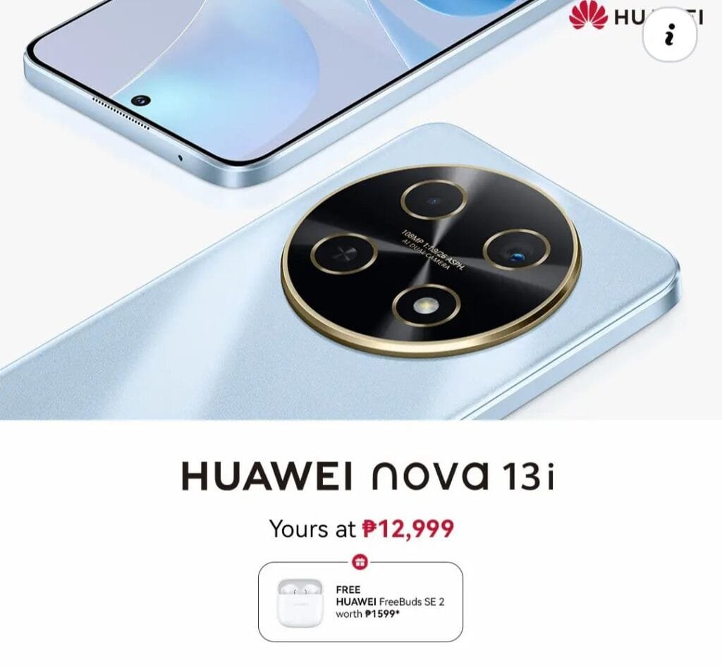 A light blue Huawei Nova 13i smartphone is shown from two angles. The top shows the phone's screen and top edge. The bottom shows the back of the phone, highlighting its circular camera module with multiple lenses. Text overlays indicate the phone's name, price (₱12,999), and a free Huawei FreeBuds SE 2 offer.