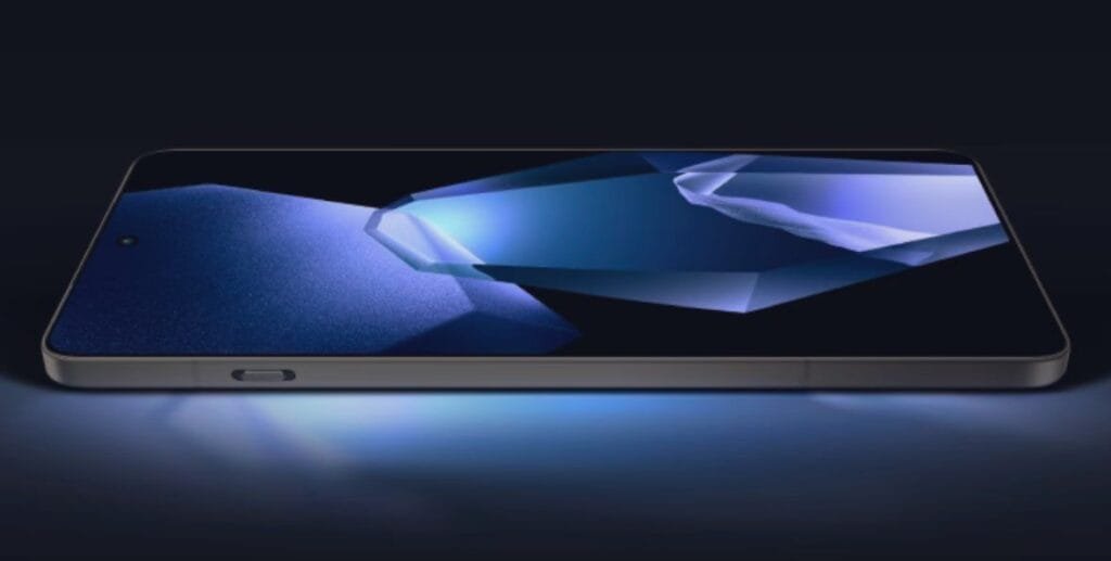 Oppo Find X8 Ultra to Feature Straight Screen and LIPO Packaging for Narrow Bezels 1 Close-up of the Oppo Find X8 Ultra's display, showcasing a dark blue abstract background depicting crystalline structures. The phone's slim, dark gray bezel is visible around the screen.