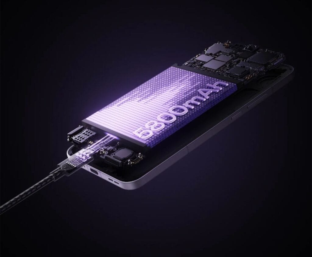 A cutaway illustration of a smartphone reveals a large 5800mAh battery, glowing with a purple light.  The internal circuitry is also visible, and a charging cable is connected to the phone. The image is set against a dark background.