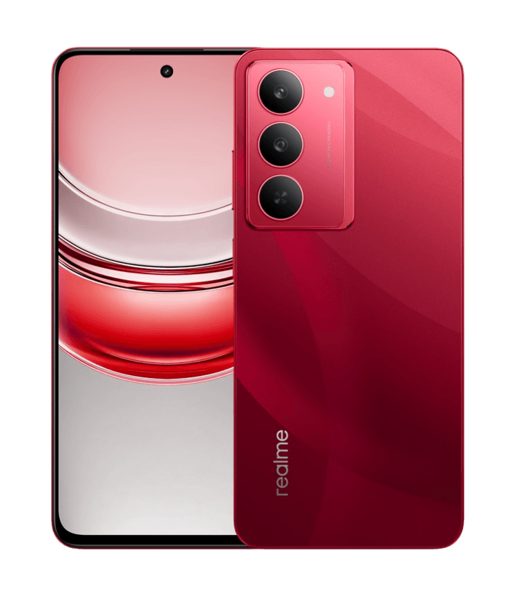 Realme 14X a realme 14x 5g smartphone with triple camera setup. the phone is color red