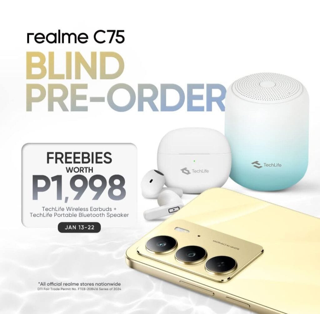 Advertisement for the realme C75 smartphone pre-order. The image shows the gold phone alongside free gifts: TechLife wireless earbuds and a TechLife portable Bluetooth speaker. The promotion runs from January 13th to 22nd.